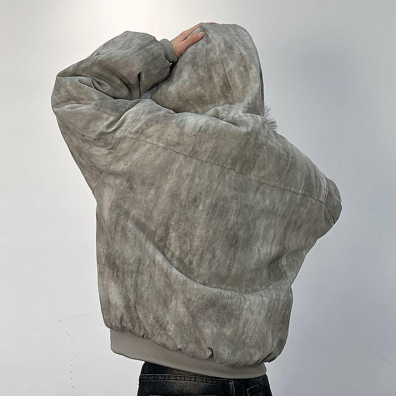 Herrejakke i bomull med pelskrage Broderi og batikkmønster Vinter Herre Utendørsjakke Tykk og komfortabel jakke