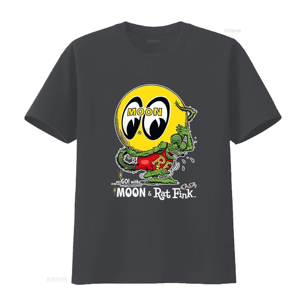MoonEyes Go With Moon Rat Fink Cotton T Shirt Retro Eyeball Design for Mens Fashion vintage Washed Casual streetwear Stretched
