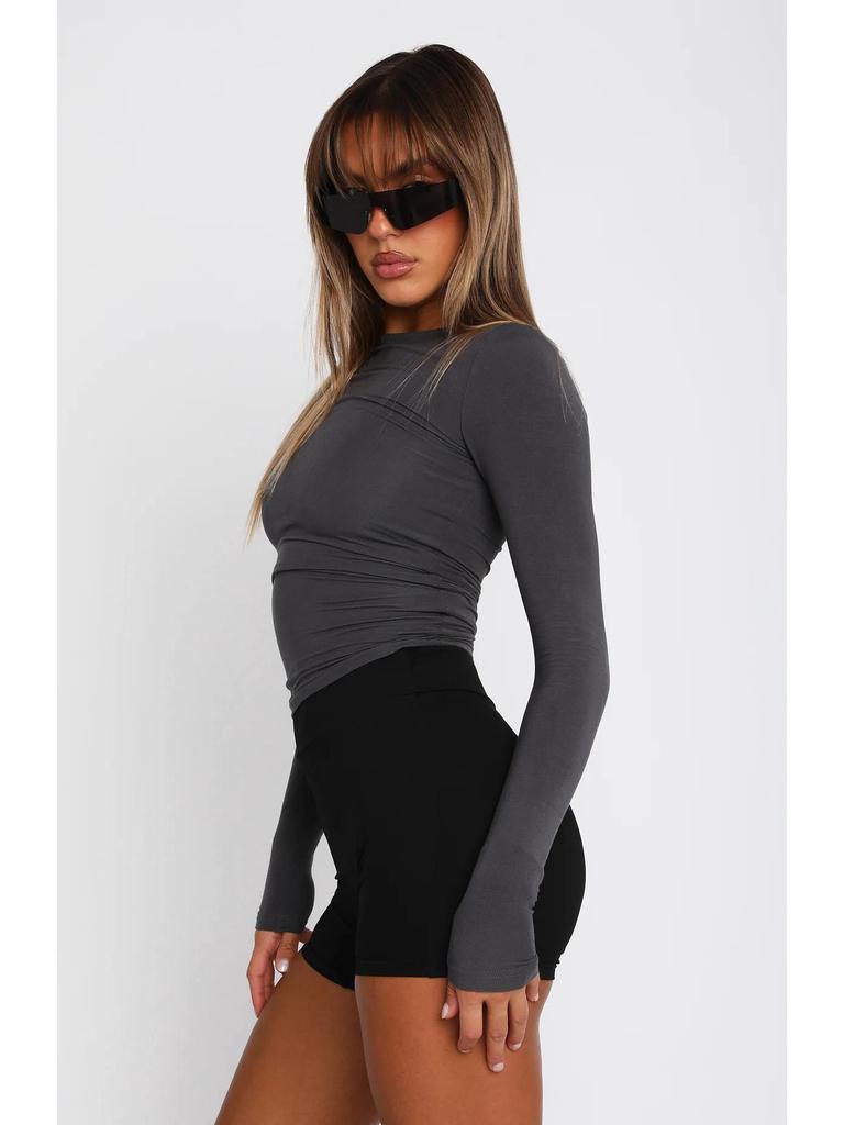 Women's Casual Solid Color Long Sleeve Round Neck Tight T-shirt