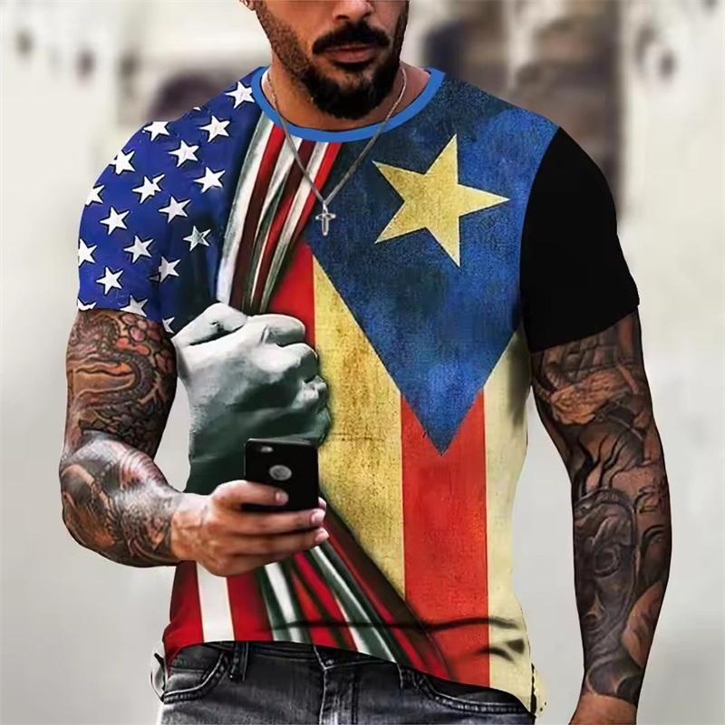 Summer Round Neck Puerto Rico Flag Pattern 3D Print Top Fashionable Casual Short Sleeved Men's T-shirts
