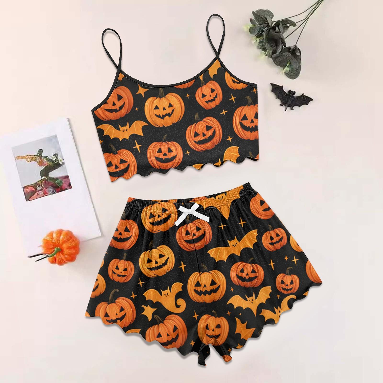 

Women s Halloween Set With Retro Floral Print Suspender Sleeveless Vest Shorts Pajama Set L