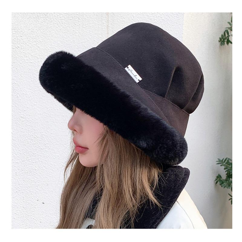 Autumn Winter Pleated Patchwork Basin Hat for Outdoor Warmth Windproof Protection Ear Protection Thickened Plush Fisherman Hat for Women