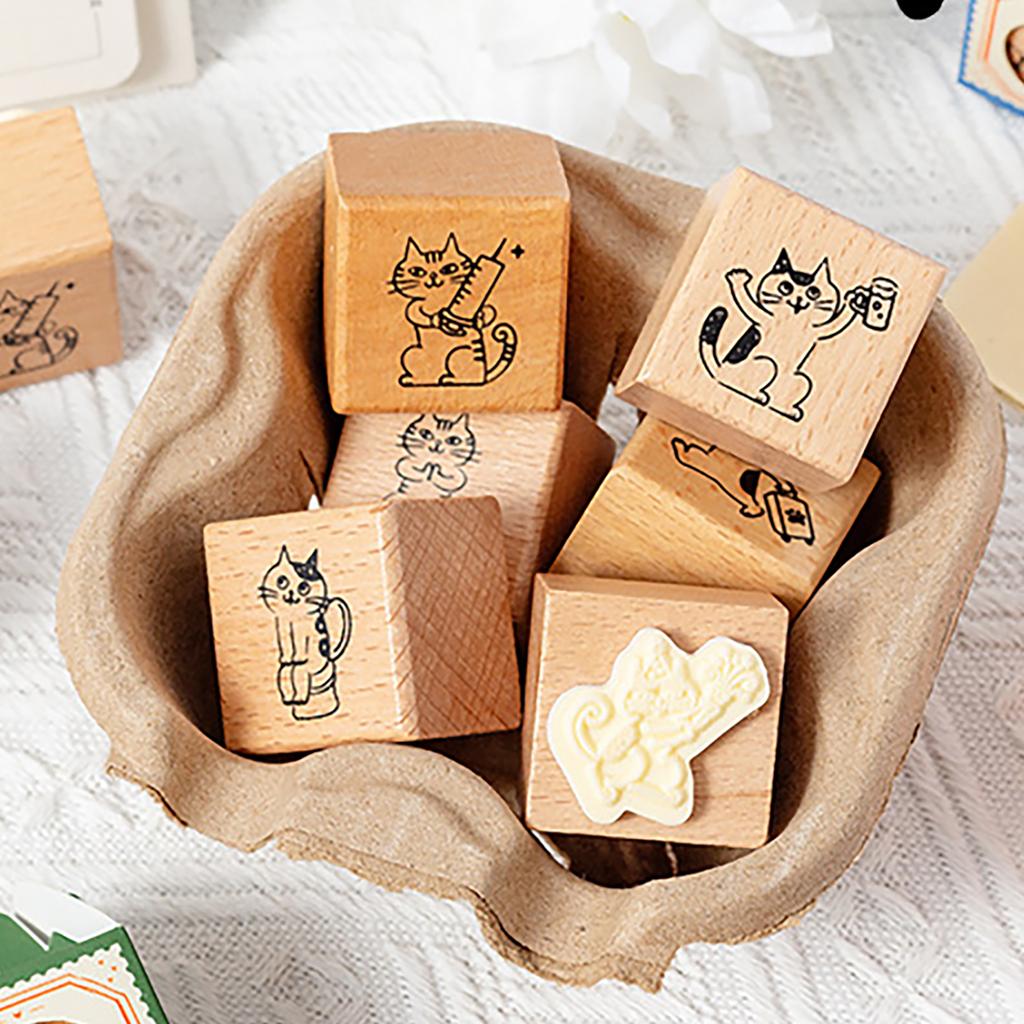 Cats Series Stamp Wood Rubber Stamp Retro Decorative Stamp Animal Pattern Stamp for Journaling Craft Scrapbooking
