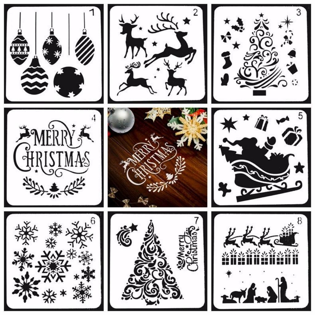 8/12/16pcs Christmas Painting Templates Stencils Xmas Tree Balls Snowflake Pattern DIY Craft Gift Boxes Walls Floor Art Painting