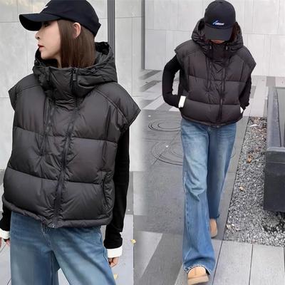 Hooded Vest Vest Padded Double Zipper Down Cotton Vest Women's Autumn and Winter Short Cotton-padded Jacket Coat.