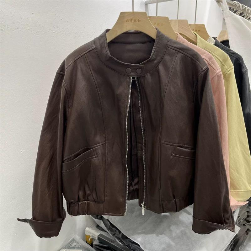 Leather jacket women's spring clothing new stand-up collar loose casual and thin black locomotive washed leather jacket trendy