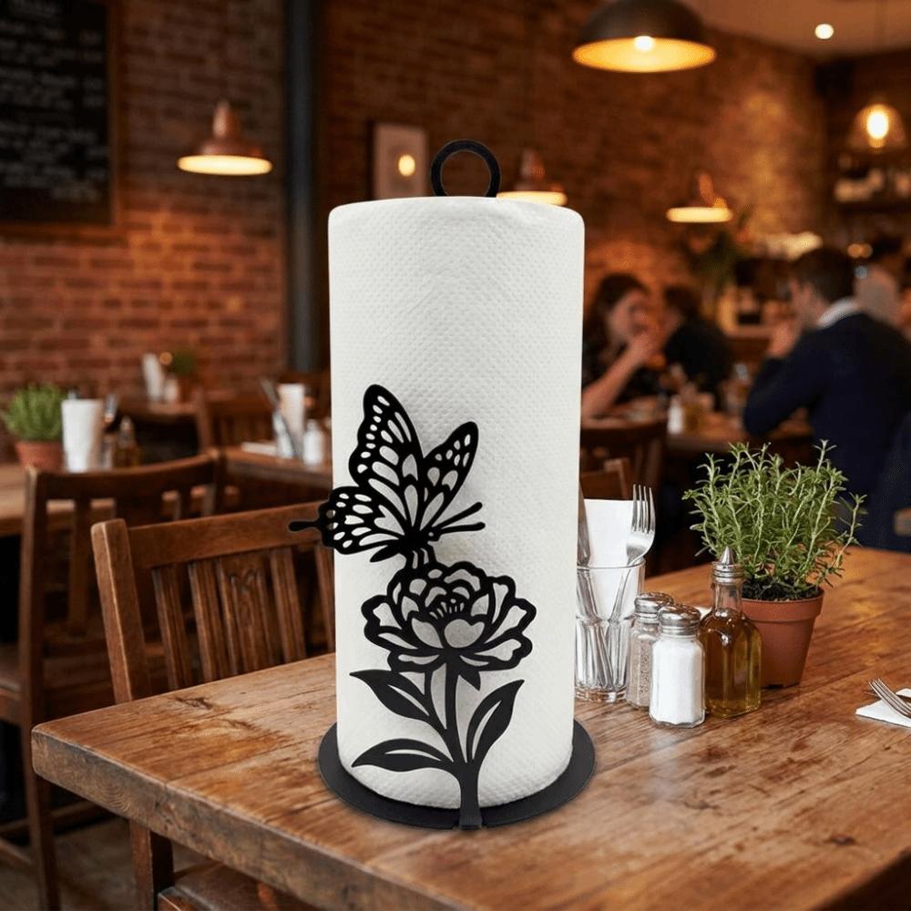 Wooden Base Roll Paper Towel Holder Free Standing Vertical Napkins Rack Tissue Stand  Dining Table