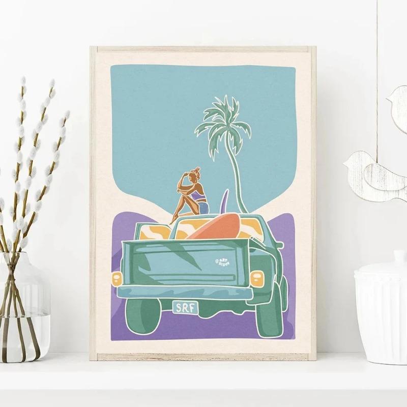 Abstrakte Meereslandschaft Strand Mann Mädchen Surfen Welle Surfbretter Auto Wandkunst Poster und Druck Leinwandmalerei Bilder Heimdekor