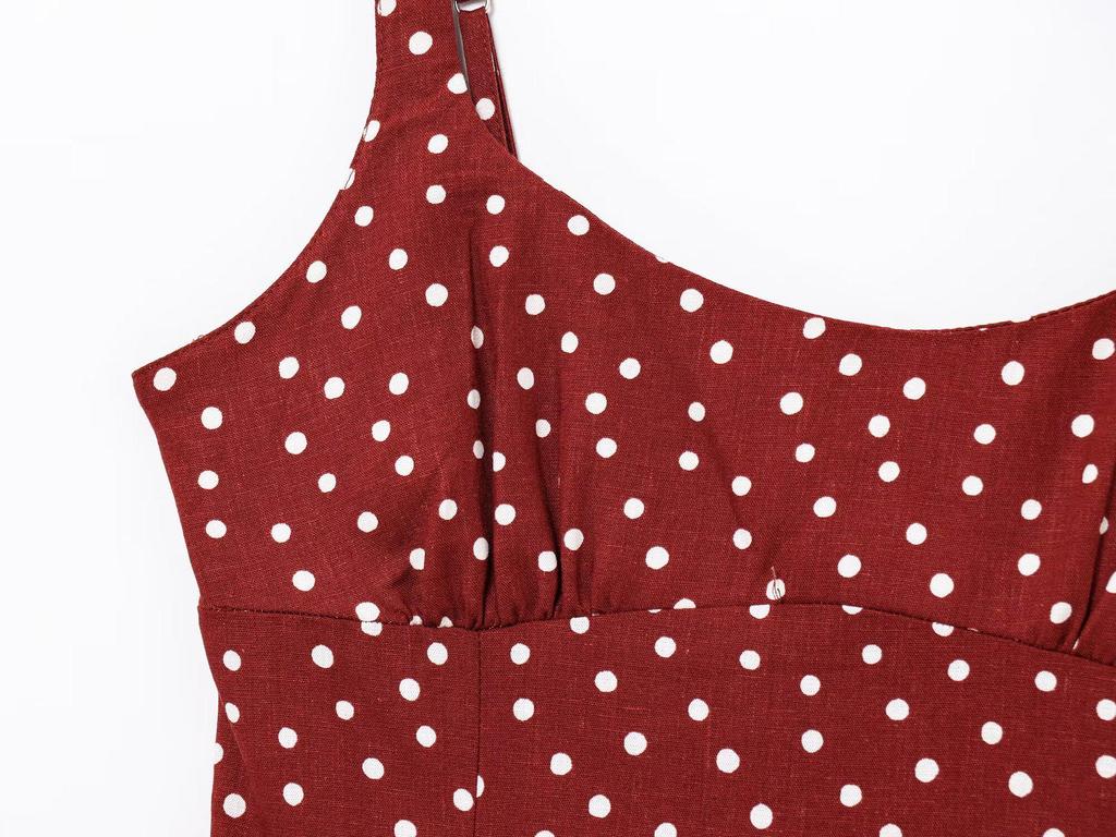 Women's Spring 2025 Polka Dot Spaghetti Strap Midi Dress with Slit Design