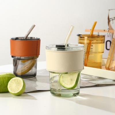 13oz/400ml Tumbler Water Bottle,Sealed Coffee Cups with Straw Lid,Thick Wall Insulated Glass Latte Cup,Amber for Iced Tea Juice
