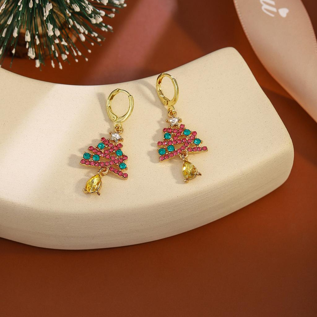 New Delicate Full Rhinestone Christmas Tree Hoop Earrings for Women Exquisite Crystal Water Drop Earrings New Year Party Jewelry