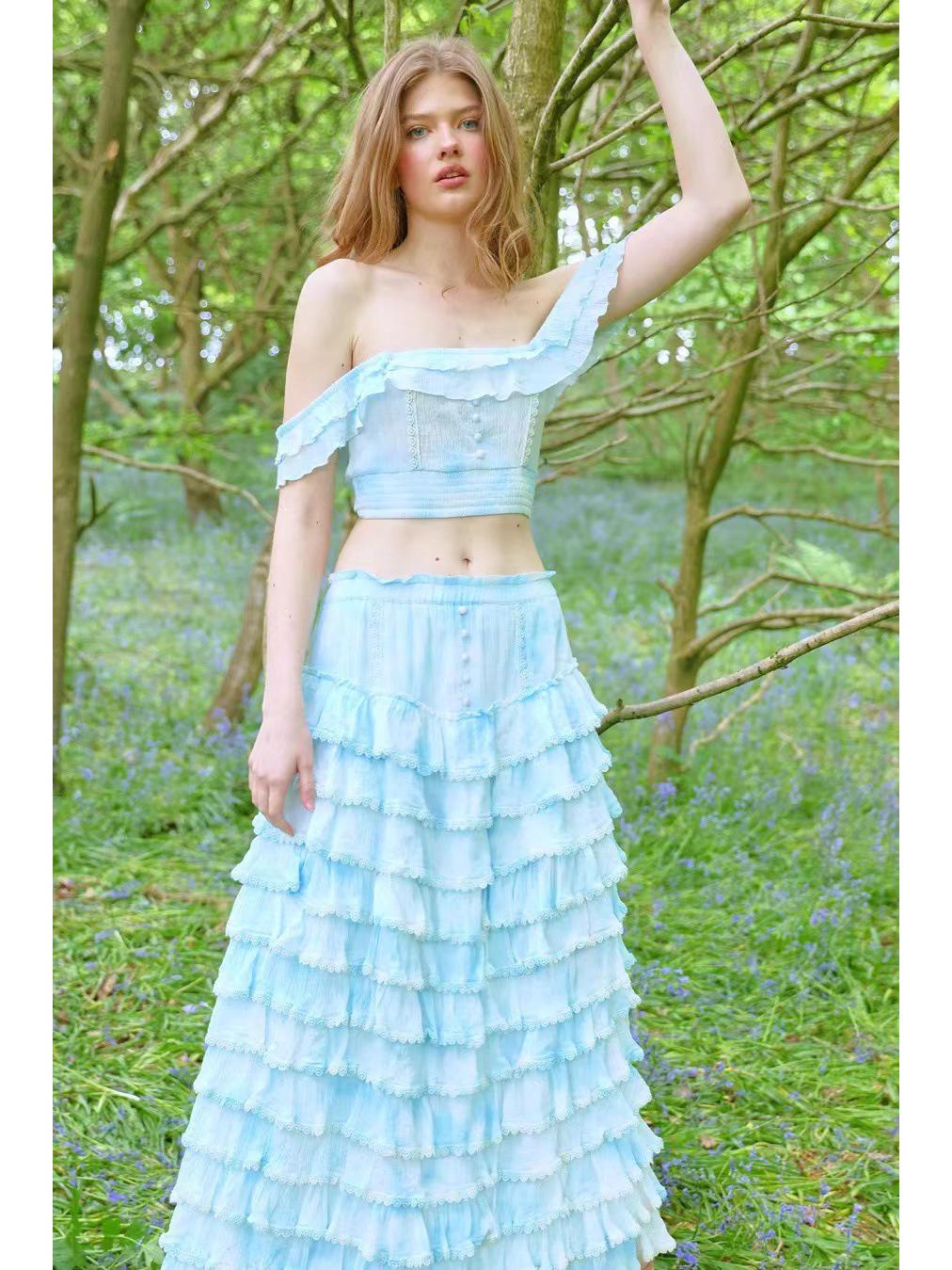 

Стильный летний костюм 2024 года с квадратным воротником и длинной многослойной юбкой для женщин Extra Large синий