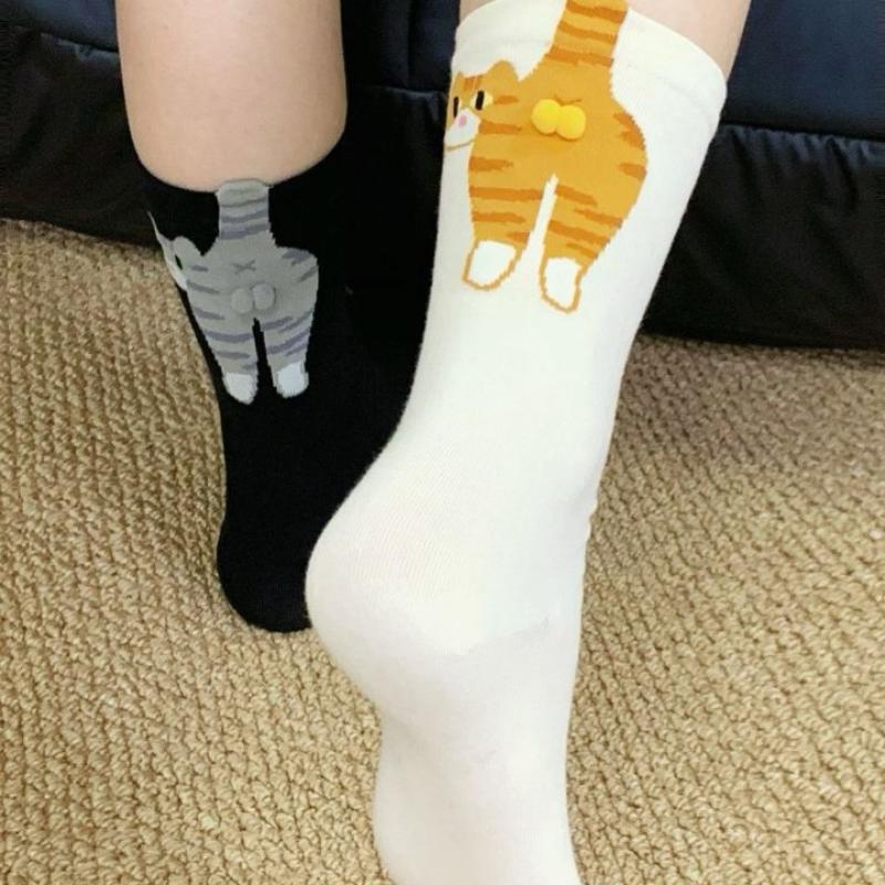 1/2Pair Cartoon Cute Cat Balls Cotton Socks Kawaii Lolita Knitting Socks Women Girls Middle Tube Sock Cat Butt Print Couple Sock