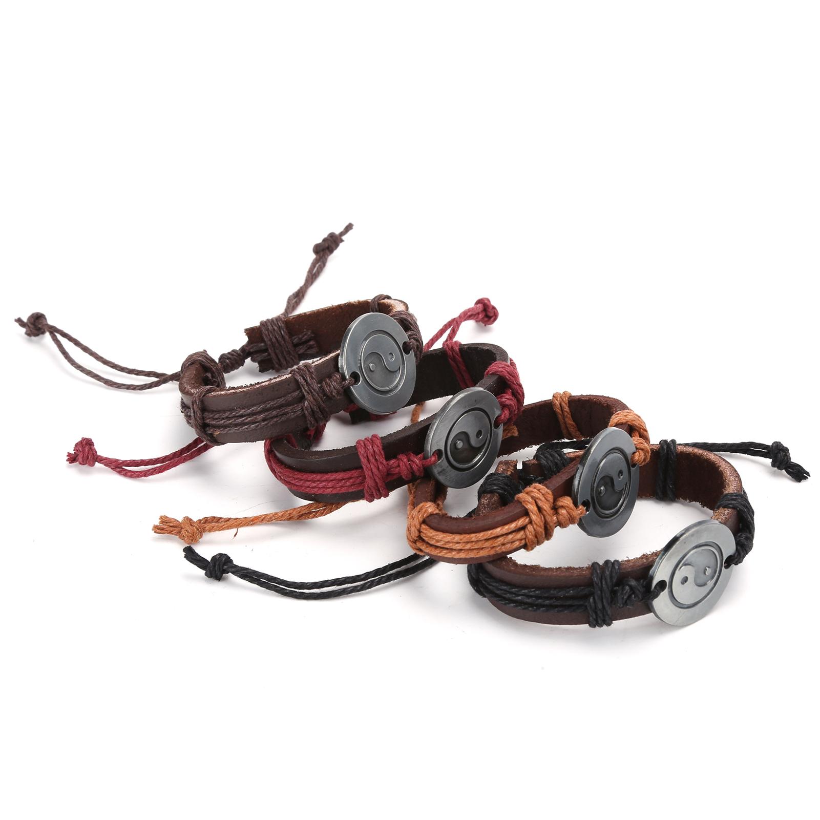 

2pcs Wrap PU Leather Circle Bracelet Unisex Couple Braided Metal Yin Yang Bracelet