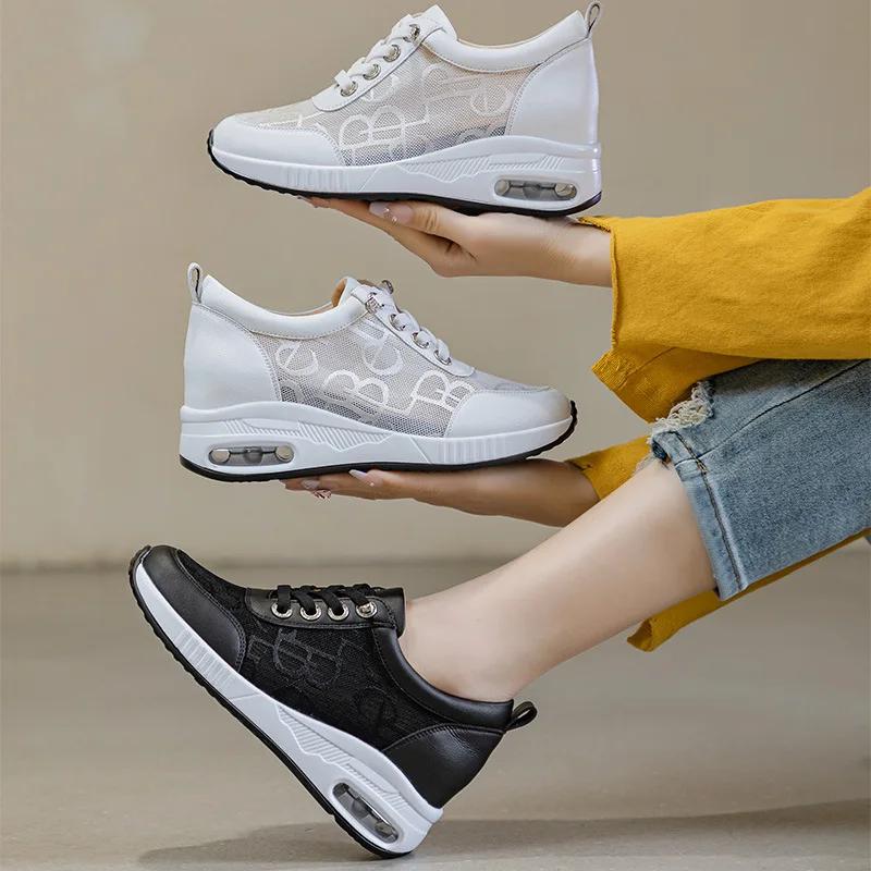 Womens Wedge Heel Block Heel Sandals Mesh Surface Women Shoes Breathable Casual Shoes Lace Up Tenis Thick Sole Sneakers 6CM heel