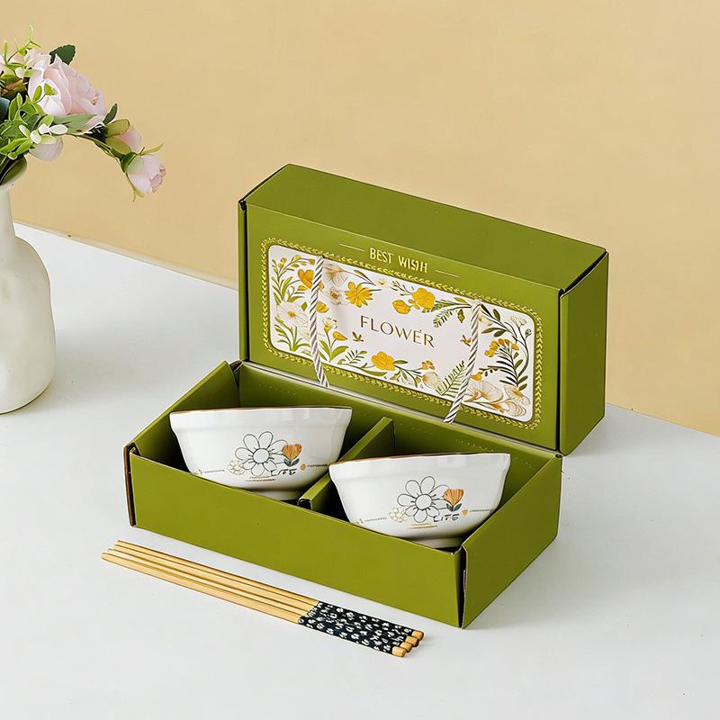 Pastoral Ceramic Tableware Gift Set: Rice Bowl, Spoon, and Chopsticks