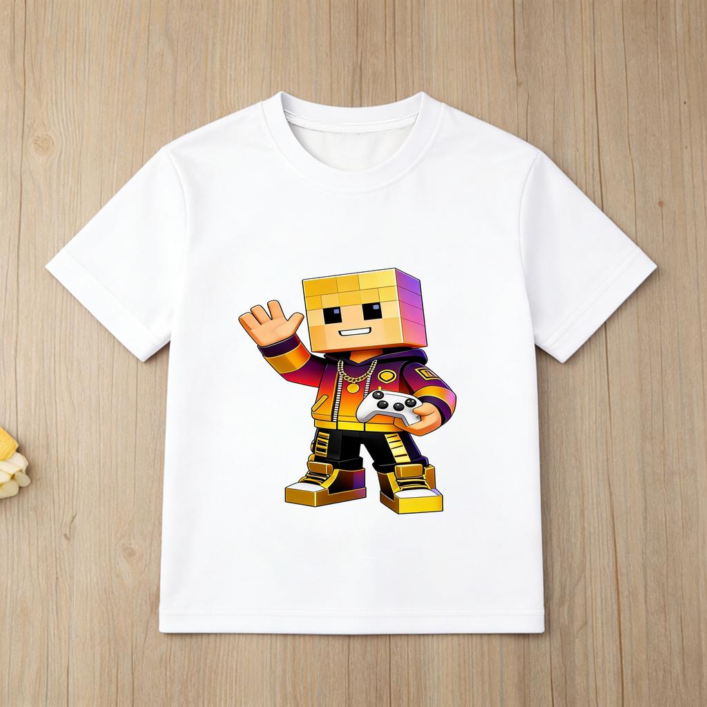 Roblox Gold Character Kids Black Tshirt Short Sleeve Casual Cotton Tee for Boys