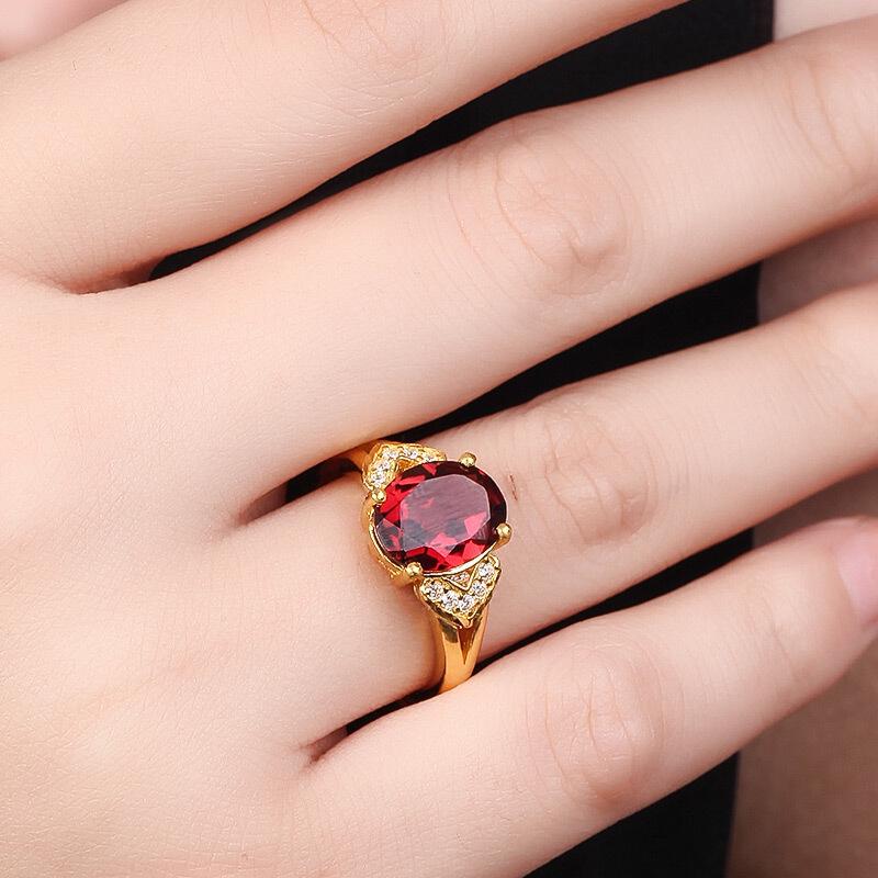 Gold-Plated Red Crystal Ring for Women - Adjustable European Style with Ruby and Full Micro-Paved Zirconia.
