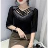 Summer New Women Mesh Tees Tops Fashion Sexy Cross Hollow Out Hot Diamond Half Sleeved Bottoming Shirt Elasticity T-Shirt
