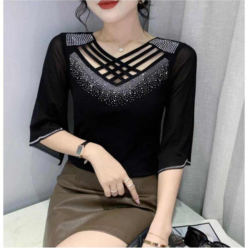 Summer New Women Mesh Tees Tops Fashion Sexy Cross Hollow Out Hot Diamond Half Sleeved Bottoming Shirt Elasticity T-Shirt