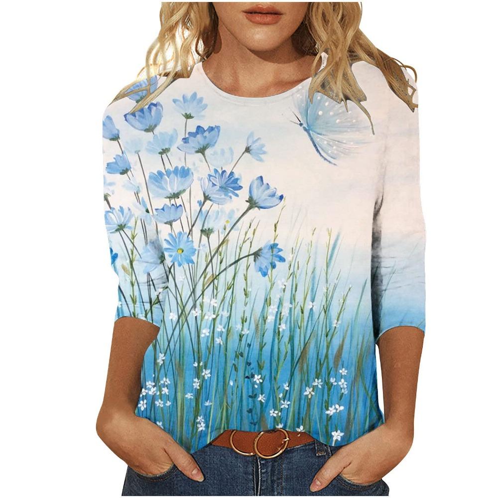 2026 Women's Casual Elegant Spring/Summer Large Love Printed Solid Color Loose Round Neck Long Sleeve T-shirt