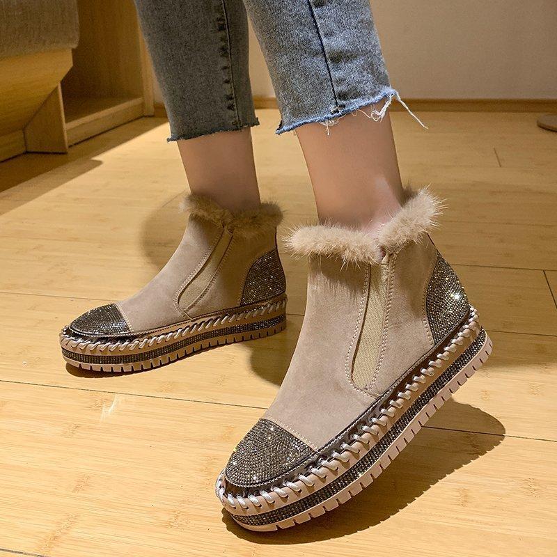 Luxus Fell Plateau Damen Knöchelhohe Stiefel Mode Strass Runde Zehen Design Dicke Sohle Damen Schneestiefel Winter Botas Große Größen