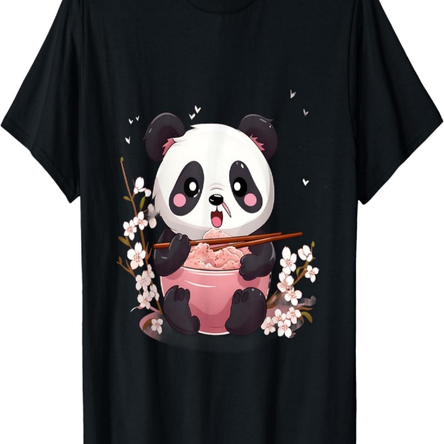 Otaku Kawaii Anime Panda Eat Ramen Noodles Cherry Blossom T-Shirt(10) S чёрный