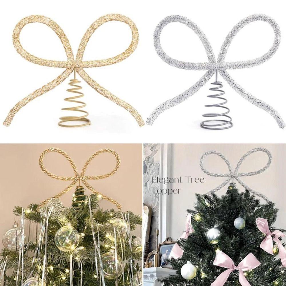 Rhinestone Bow Christmas Tree Topper Metal Extra Large Xmas Tree Ornament Gold/Silver Decorative Props Christmas Decoration