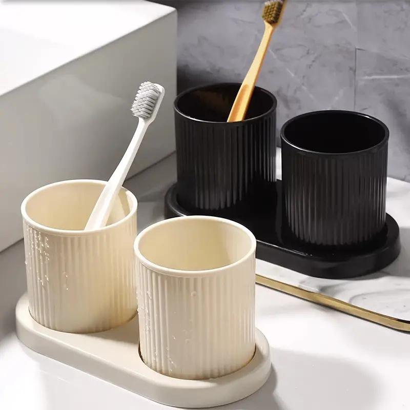 1set Solid Color Mouthwash Cup With Tray, Couple Toothbrush Cup, Gargle Cup Set, Family Bathroom Tumbler, Bathroom Accessories