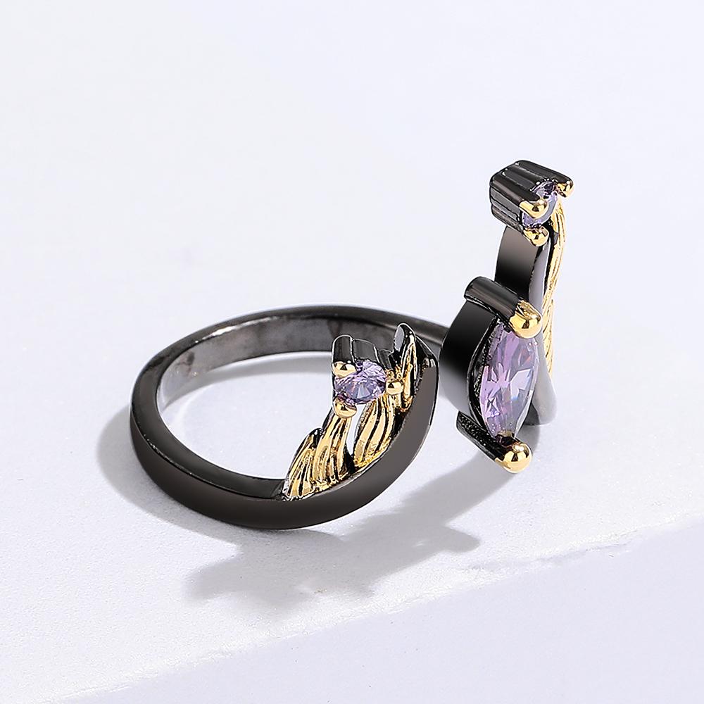 2025 New Black Gold Purple Zircon Jewelry Opening Adjustable Feather Shape Ring Exquisite Party Jewelry Anniversary Gift
