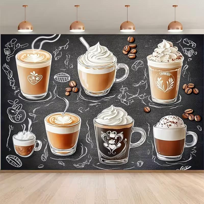 Rustic Coffee Art Tapestry, Assorted Lattes, Cappuccinos and Mocha Drinks with Chalkboard Sketches, Cozy Cafe Wall Art