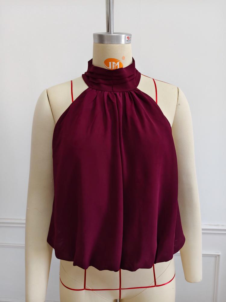 2026 Euro-American Style Halterneck Chiffon Top - Slim, Sexy, Backless, Solid Color for Vacation