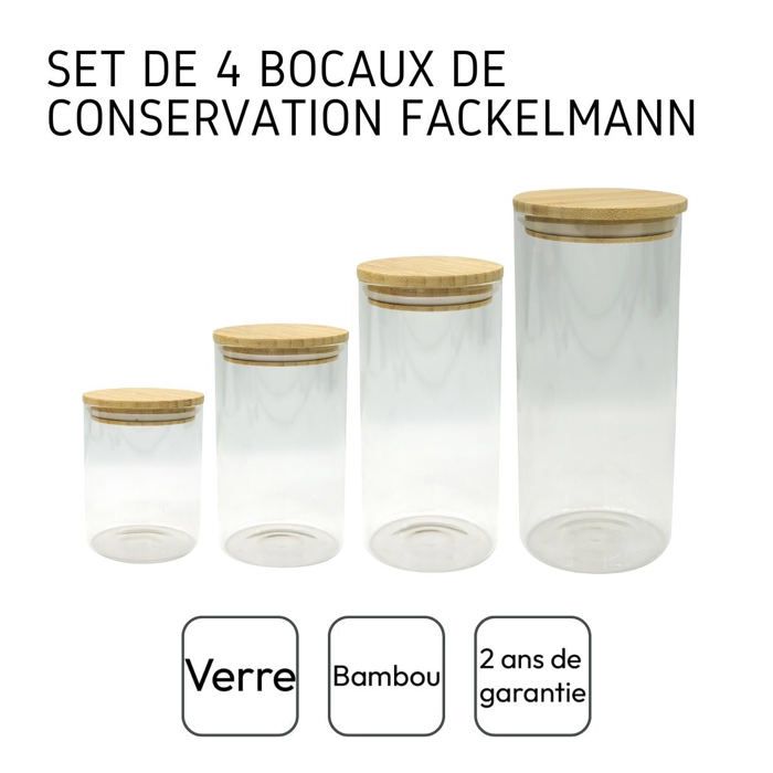 Set De 4 Boîtes De Conservation En Verre - FACKELMANN - Nature - Couvercle En Bambou
