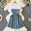 Spring and Autumn Fashion A- line Denim Dress Fake Two-Piece