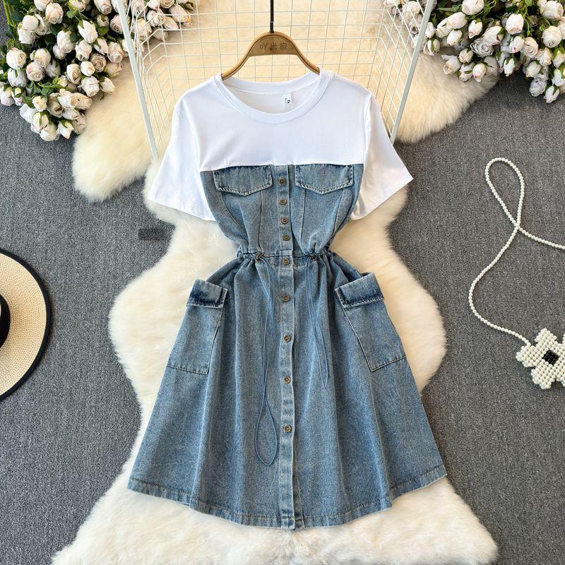 Spring and Autumn Fashion A- line Denim Dress Fake Two-Piece