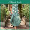 Side Pockets Oneck Short Sleeve Elegant Dress Flower Printing Ladies Aline Midi Dress