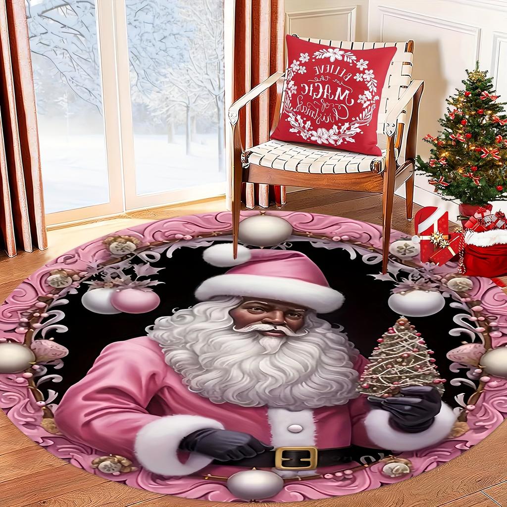 1Pcs Christmas Black Santa Pattern Round Area Rug Indoor Non-Slip Washable Fiber Carpet Soft Comfortable Mat For Bedroom Living Room