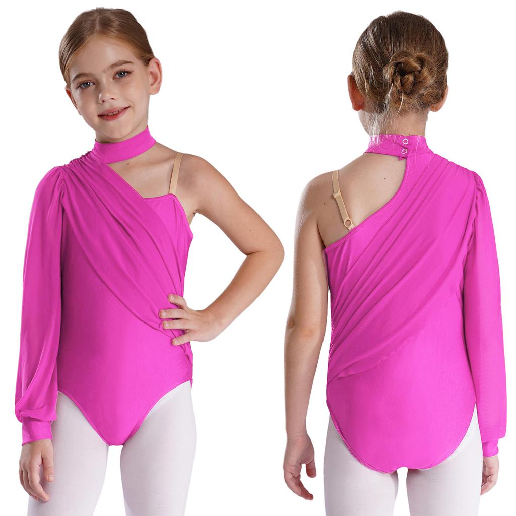 Kids Girls Ballet Jersey Dance Leotards Gymnastics Acrobatics Figure Skating Performance Costume Ruched Mesh Overlay Bodysuit