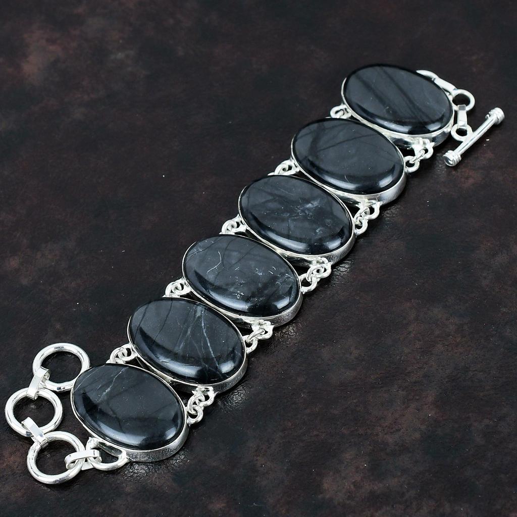 Pulseira Picasso Jasper Gemstone Jóias Artesanais Pulseira Estilo Único Pulseira Prata Esterlina 925 Pulseira de Corrente Ajustável Presentes Para Ele