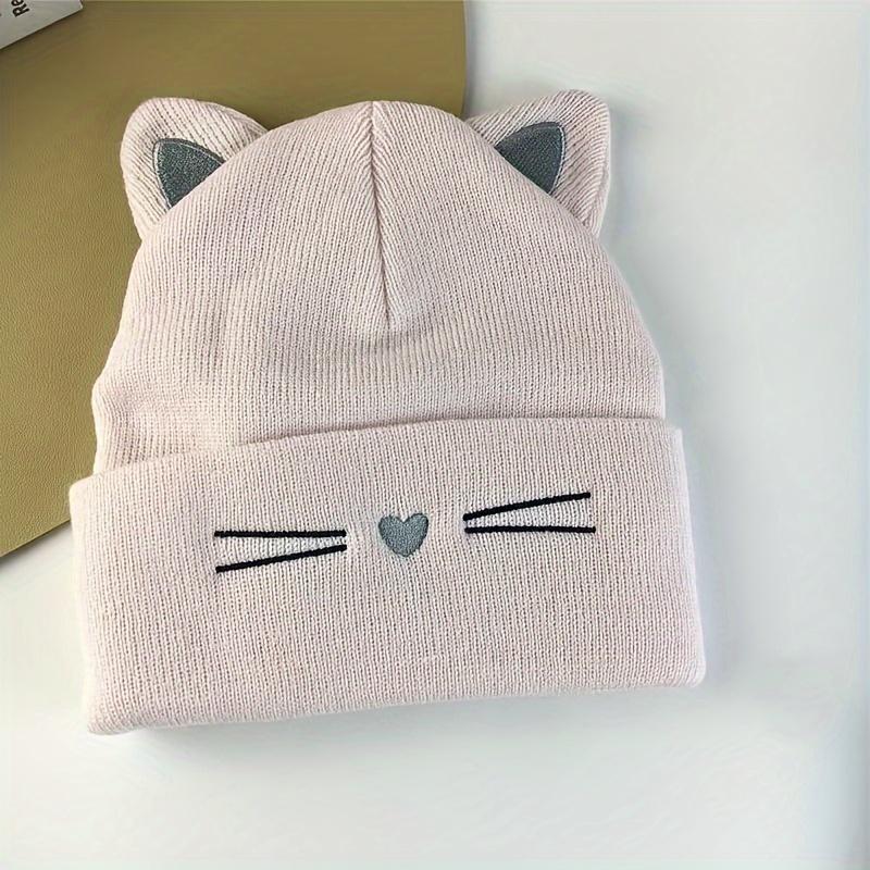 Cute Cat Embroidery Brimless Cap Outdoor Warm Ear Protection Cat's Ears Pullover Hat Woman Autumn and Winter Soft Head Cap