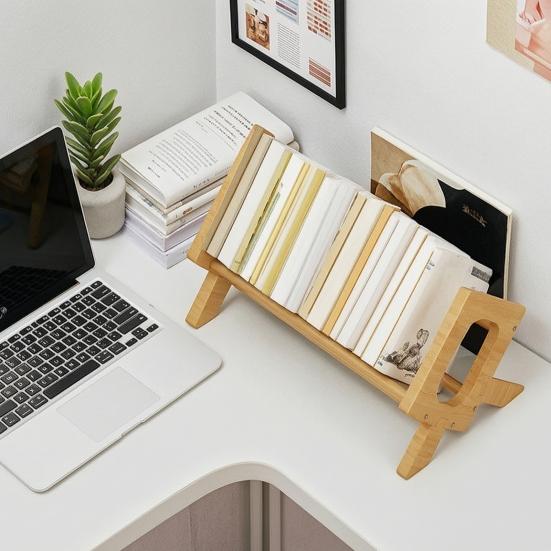 Yousheng Solid Wood Bookshelf, Desktop Book Rack with Triangular Support, Tilted Design Book Display Stand, Simple Book Storage Rack for Home Office
