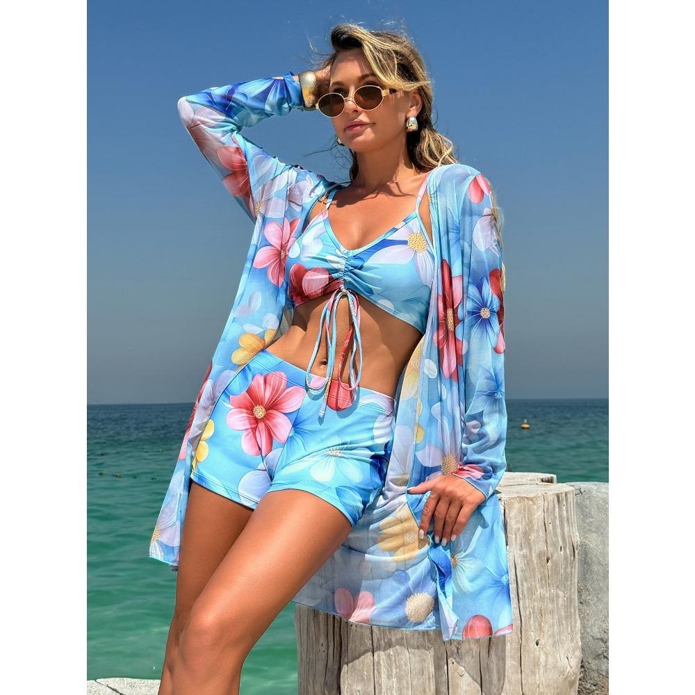 Bikini de Tres Piezas para Mujer con Pantalones Cortos tipo Boy Short, Bañador de Moda con Lazo y Cubre Traje de Playa