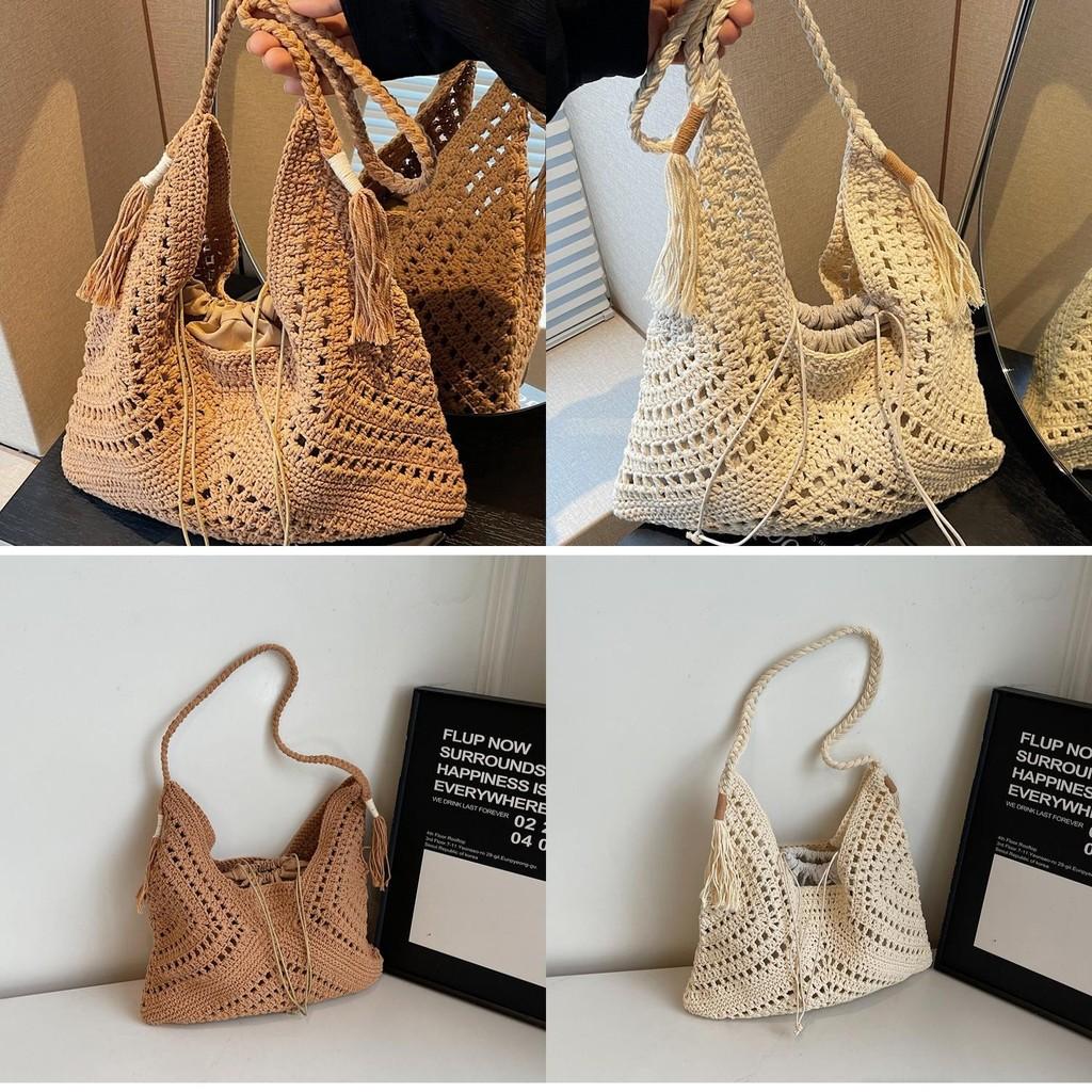 Woven Beach Bag With Large Capacity Tassel Drawstring For Summer Vacation And Casual Travel