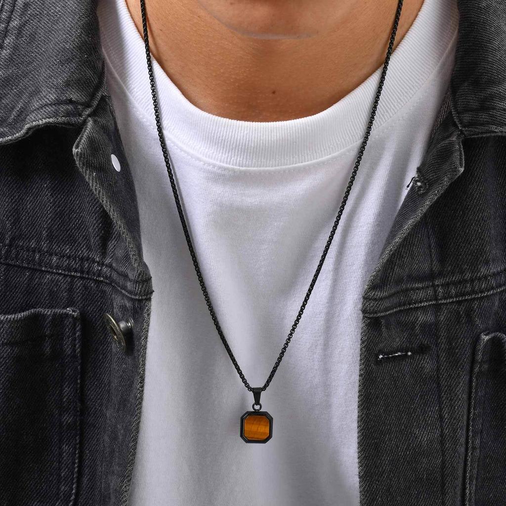 Vnox Stainless Steel Square Pendant Necklace for Men Women, Tiger Eye Turquoise Natural Stone Pendant Box Chain Jewelry Gifts