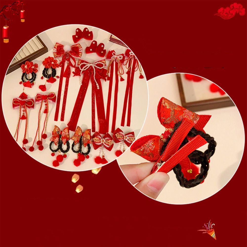 Wig Plush Ball Hairpin Ribbon Princess Forehead Chain Sweet Red Bow Hair Clip Women