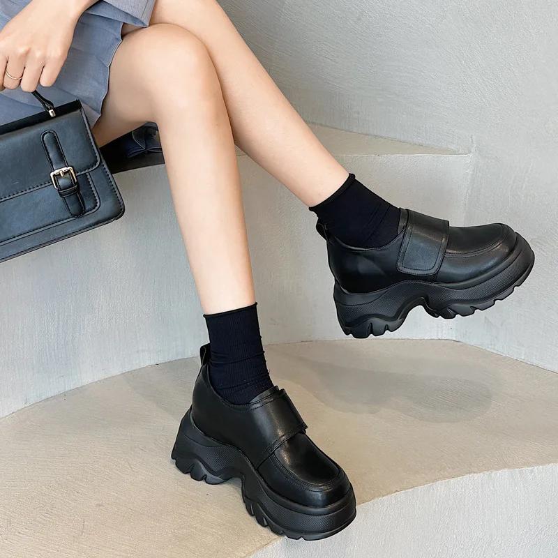 Fashion 9.5cm Genuine Leather Women Platform Wedge Pumps Flats Luxury Mary Jane Pils Mules Boots Hook Spring Autumn Spring Shoes