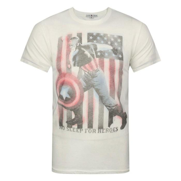 Junk Food Mens No Sleep For Heroes Captain America T-Shirt S blanc