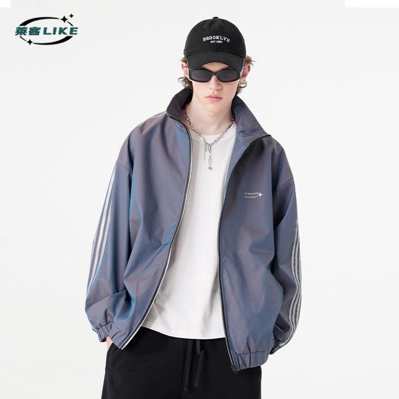Vêtements Homme Quatre Saisons | Veste Polyvalente à Col Montant Inversé Légère Ample à Bande Latérale Imperméable Veste Décontractée Couleur Dégradée