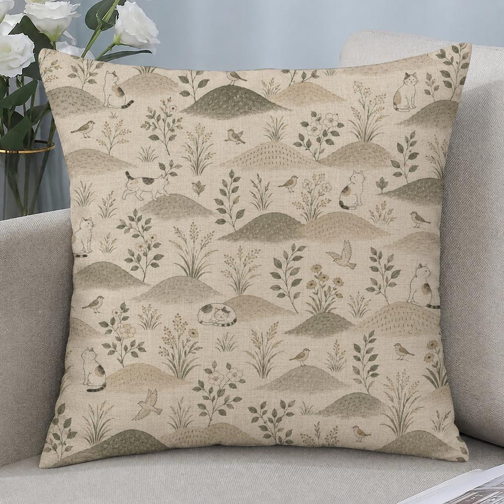 Style Japanese Natural Handdrawn Cushion Cover Cushion Covers Natural Linen Breathable Sofa Bedroom Decor Pillowcase