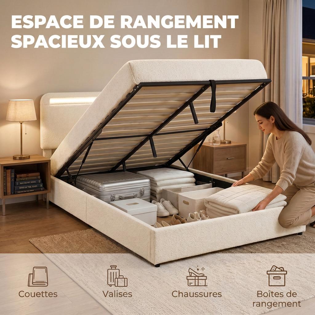 Lit Box 160 x 200 cm, RGB LED, Adjustable Head, Double Upholstered Velvet Bed Frame, Hydraulic Storage, Cream